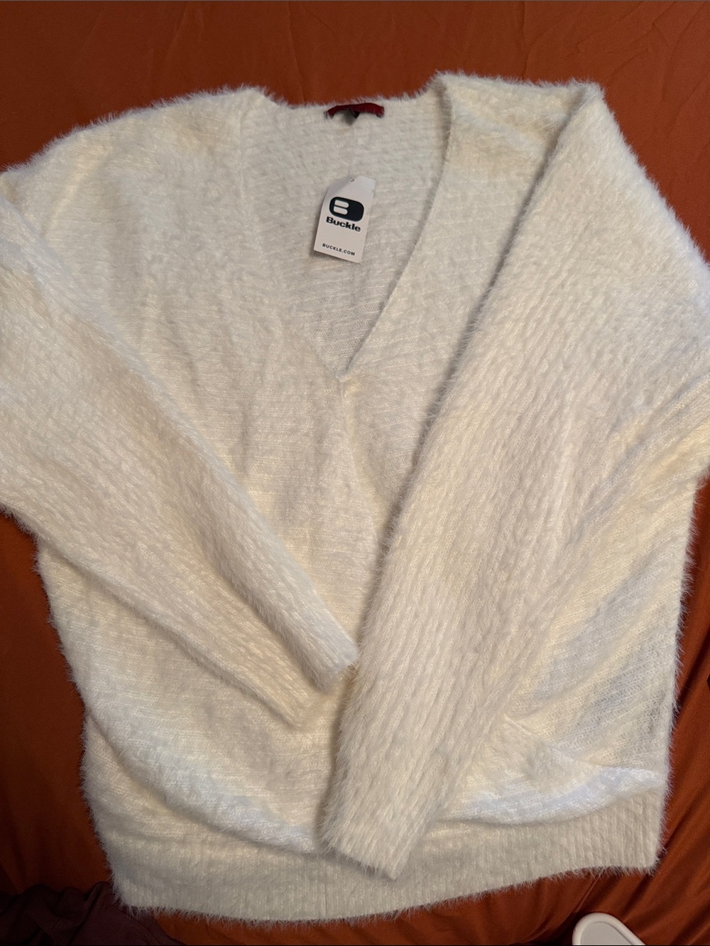 Buckle White Fuzzy V-Neck Sweater